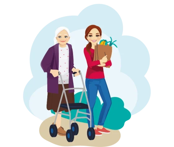Medewerkster van Oktober loopt met een tas boodschappen naast een vrouw met een rollator