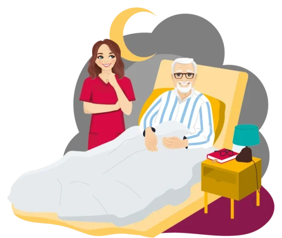 Verzorgende zit 's nachts naast het bed van een meneer