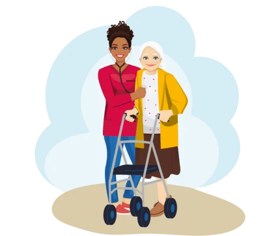 Verzorgende van Oktober ondersteunt een vrouw die met een rollator loopt