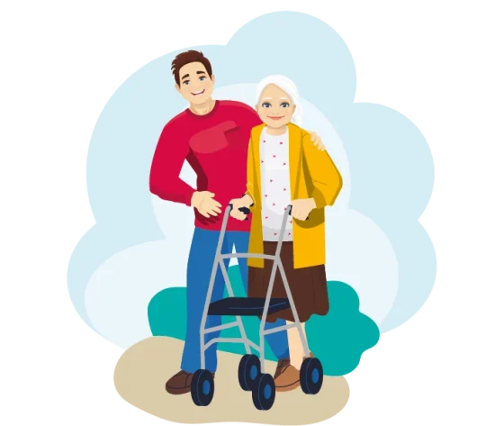 Begeleider loopt naast een vrouw die een rollator gebruikt